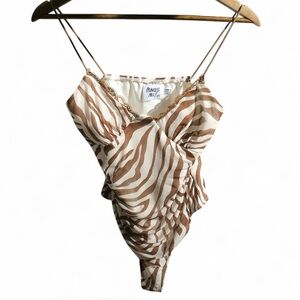 Princess Polly Brown Zebra Print Ruched Lace Bodysuit US 8